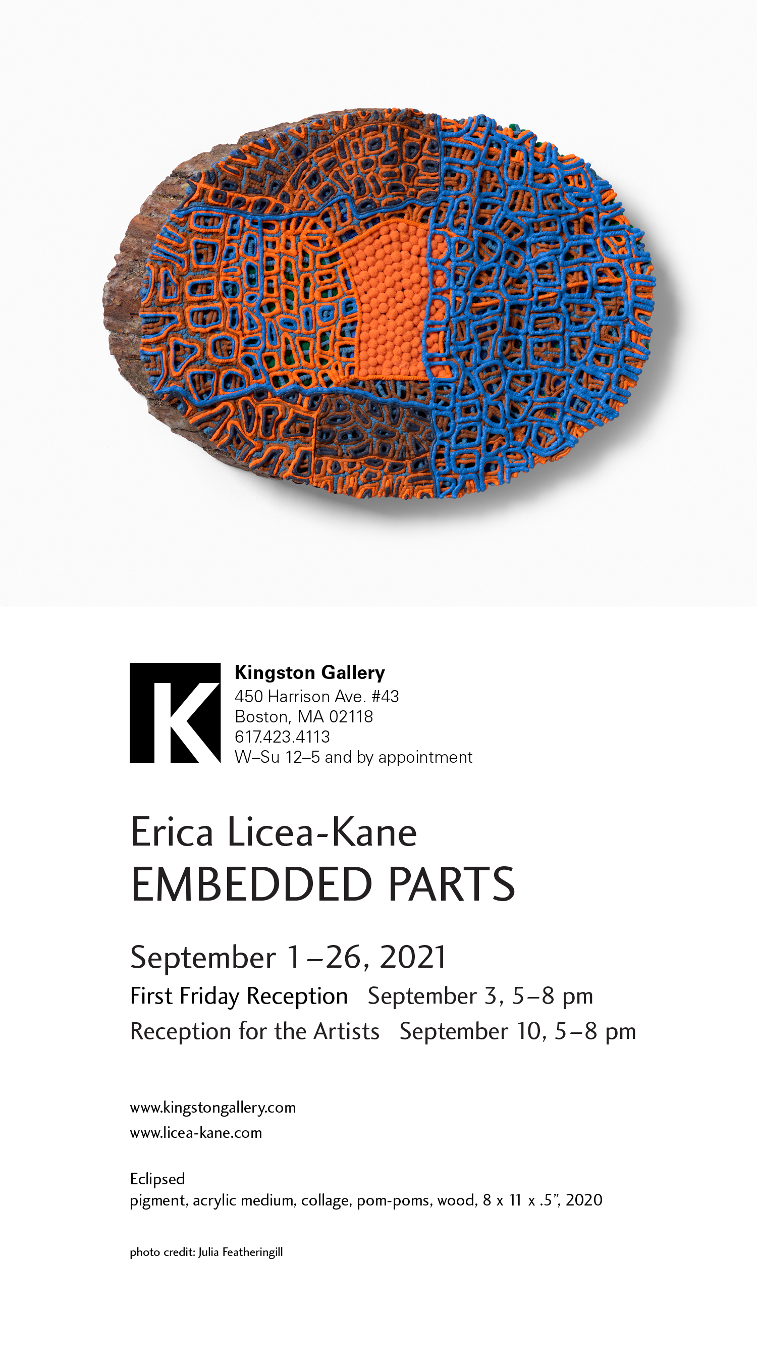Postcard front and back, Erica Licea-Kane: Embedded Parts, September 1–26, 2021, Kingston Gallery, Boston, MA